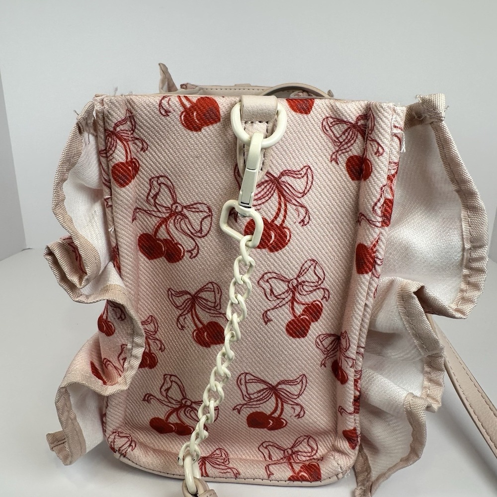 Betsey Johnson Cherry Ruffle Tote Bag Women Pink Red Canvas Crossbody Handbag - Picture 7 of 12